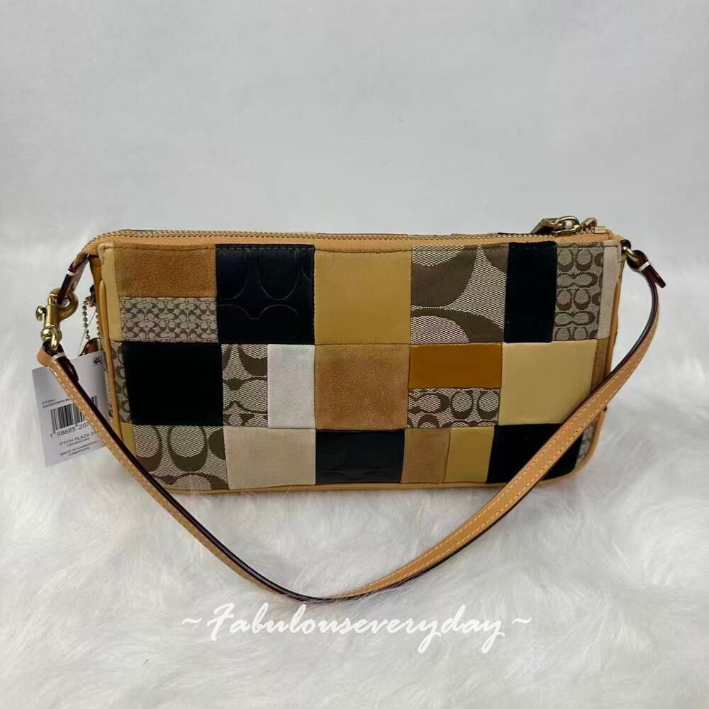Coach Plaza Bag 25 Patchwork In Leather CFB84 Brass/Brown Multicolor NWT